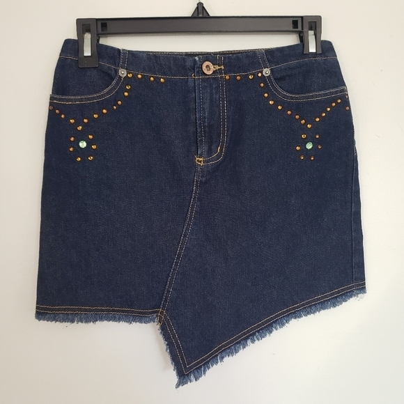 Baby Phat Vintage Bandana Denim Jean Mini Skirt Rhinestone Bedazzled Size 1/2 - Picture 8 of 8